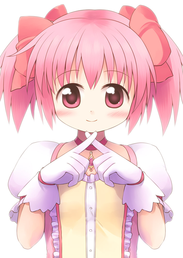 1girl bangs blush bow buttons chest_jewel choker closed_mouth commentary_request crossed_fingers dress emurin flat_chest gloves hair_bow kaname_madoka magical_girl mahou_shoujo_madoka_magica multiple_hair_bows pink_bow pink_dress pink_eyes pink_gemstone pink_hair puffy_short_sleeves puffy_sleeves red_choker short_hair short_sleeves simple_background smile solo two_side_up upper_body white_background white_gloves white_sleeves