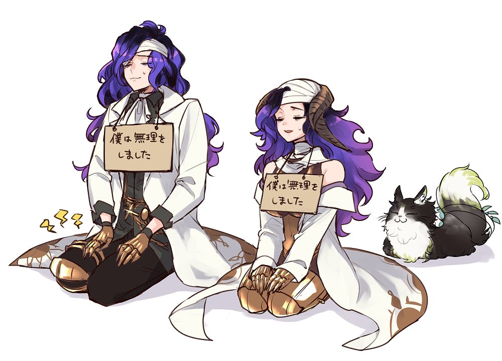 1boy 1girl armor ascot bandaged_head bandages black_hair cat claws closed_mouth ewiyar_(granblue_fantasy) gradient_hair granblue_fantasy greaves horns kneeling labcoat long_hair multicolored_hair orologia_(female) orologia_(male) purple_hair rimuro sign simple_background very_long_hair white_background