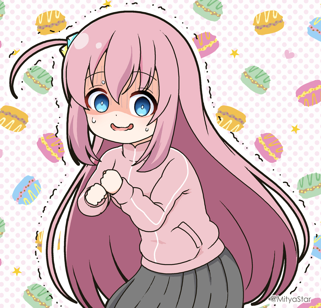 1girl bangs blue_eyes bocchi_the_rock! commentary_request cube_hair_ornament food-themed_background gotou_hitori grey_skirt hair_between_eyes hair_ornament jacket long_hair mitya nervous_smile one_side_up parted_lips pink_hair pink_jacket pleated_skirt polka_dot polka_dot_background skirt smile solo sweat track_jacket trembling turn_pale twitter_username very_long_hair wavy_mouth white_background