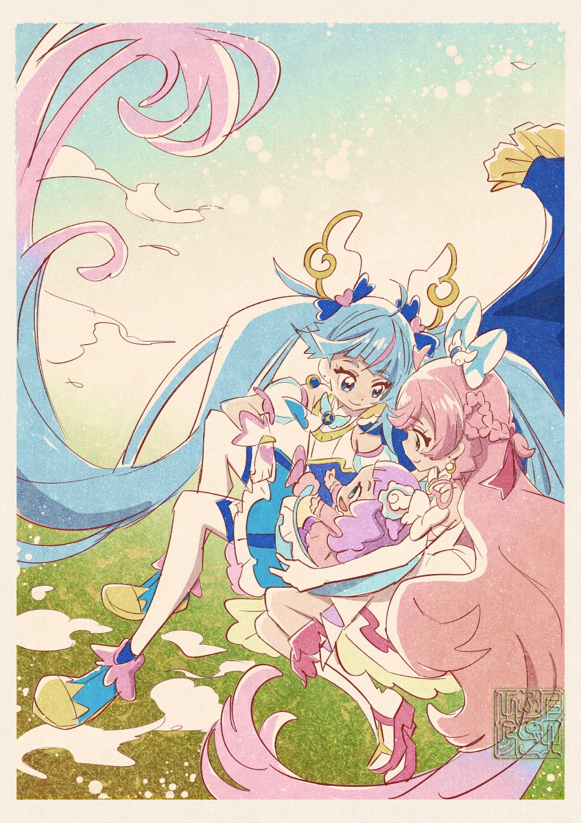 3girls ahoge aqua_eyes baby blue_eyes blue_hair bow braided_sidelock brooch cape commentary cure_prism cure_sky detached_sleeves dress elbow_gloves ellee-chan gloves gradient_hair hair_bow highres hirogaru_sky!_precure jewelry kamikita_futago long_hair magical_girl multicolored_hair multiple_girls nijigaoka_mashiro official_art pink_bow pink_hair precure puffy_detached_sleeves puffy_sleeves purple_hair single_sidelock sora_harewataru twintails two-sided_cape two-sided_fabric very_long_hair white_dress white_gloves wing_brooch wing_hair_ornament