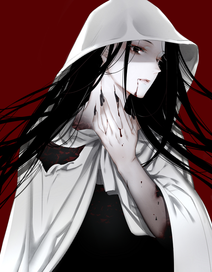 1girl bangs bieshuohuaaiwo black_eyes black_hair bleeding blood blood_from_mouth chinese_commentary claws commentary_request deep_wound injury lips long_hair looking_at_viewer lord_of_the_mysteries pale_skin panatiya_(lord_of_the_mysteries) red_background robe self_harm shaded_face simple_background solo white_robe