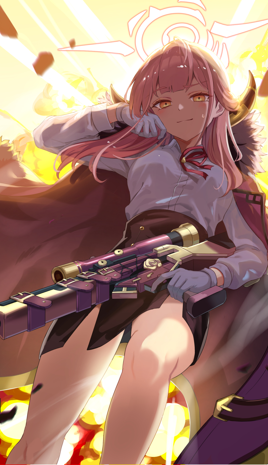 1girl 2windrill aru_(blue_archive) bangs black_skirt blue_archive brown_coat coat coat_on_shoulders collared_shirt demon_horns fur-trimmed_coat fur-trimmed_jacket fur_trim gloves gun h&amp;k_psg1 halo high-waist_skirt highres horns jacket jacket_on_shoulders long_hair long_sleeves looking_at_viewer neck_ribbon open_clothes open_coat pink_hair red_coat red_ribbon ribbon rifle shirt shirt_tucked_in skirt sniper_rifle solo weapon white_shirt yellow_eyes