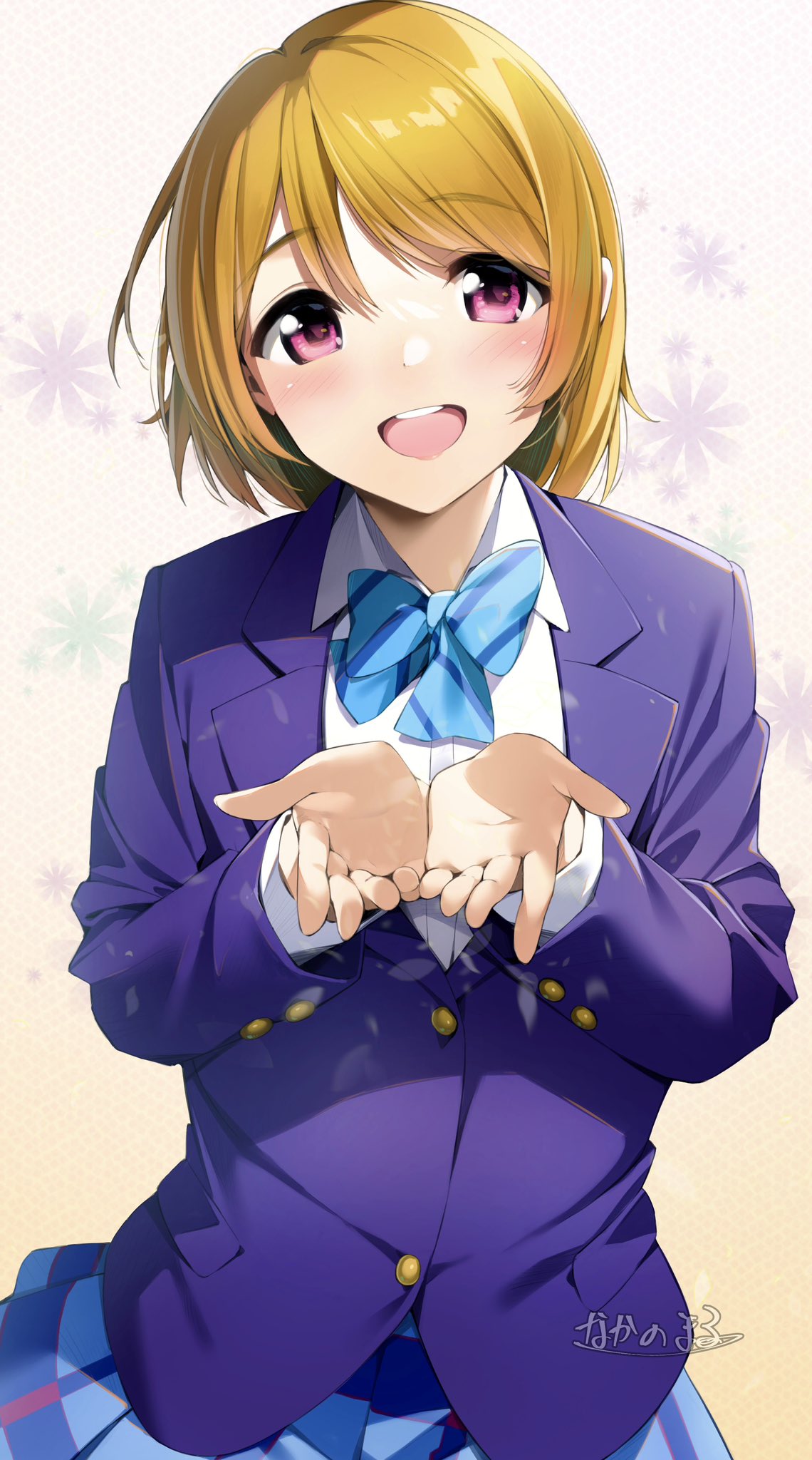 1girl :d blue_bow blue_bowtie blue_jacket blue_skirt bow bowtie brown_hair collared_shirt floral_background highres jacket koizumi_hanayo long_sleeves looking_at_viewer love_live! love_live!_school_idol_project nakano_maru open_hands open_mouth otonokizaka_school_uniform plaid plaid_skirt pleated_skirt school_uniform shirt short_hair skirt smile solo standing striped striped_bow striped_bowtie tail twitter_username violet_eyes white_shirt wing_collar
