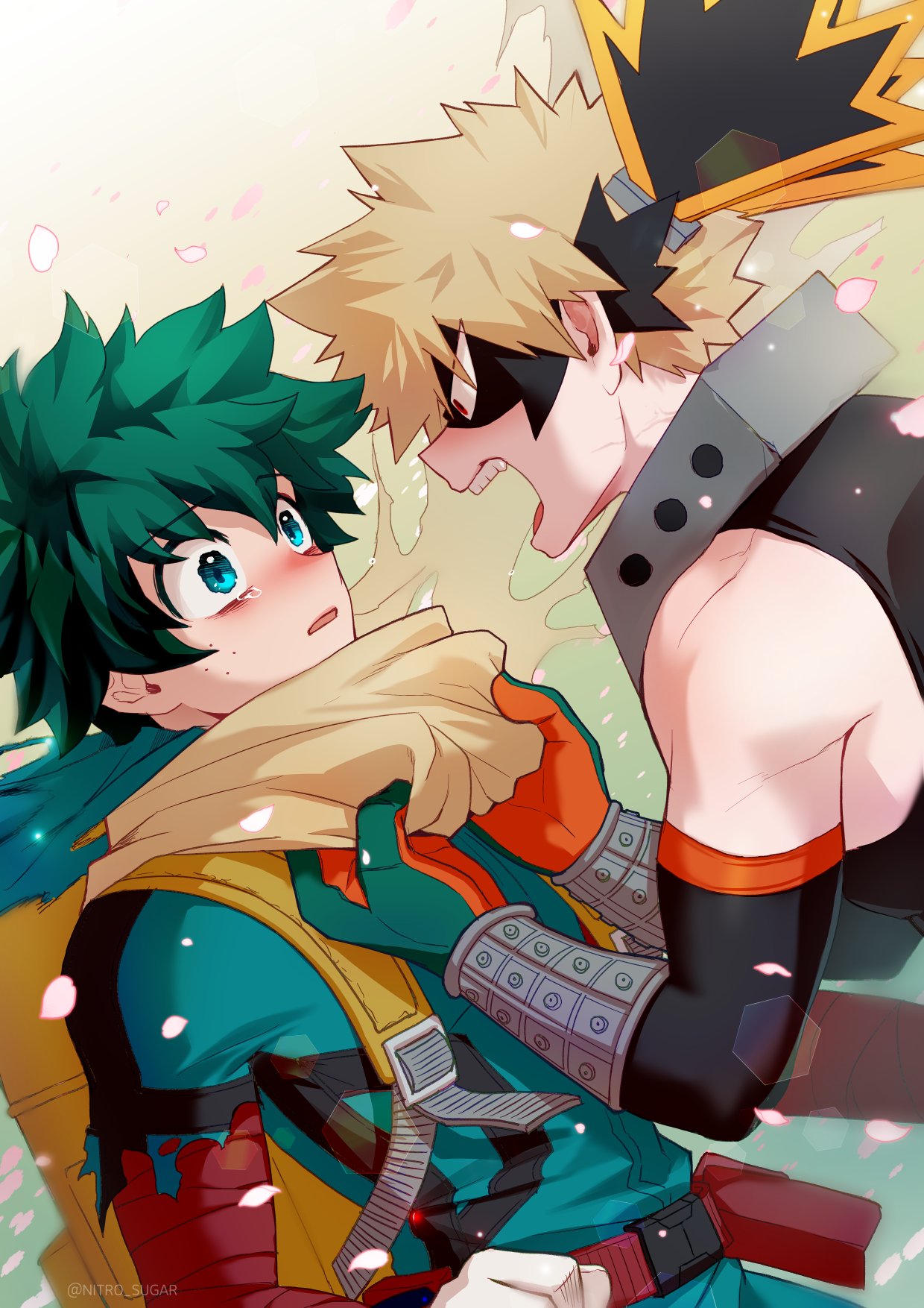 2boys alternate_eye_color angry aqua_eyes bakugou_katsuki bangs bare_shoulders belt belt_pouch black_mask black_tank_top blonde_hair blurry blush bodysuit boku_no_hero_academia cape cape_grab clothes_grab curly_hair depth_of_field dutch_angle eye_contact eye_mask eyes_visible_through_hair face-to-face falling_petals floating_cape freckles from_side gloves gradient_background green_background green_bodysuit green_gloves green_hair hand_up hands_up headgear highres looking_at_another male_focus midoriya_izuku multiple_boys non-circular_lens_flare nose_blush open_mouth orange_gloves parted_lips petals pouch profile red_belt red_eyes sad sanpaku seoltang_(nitro_sugar) short_hair sideways_mouth sleeveless spiky_hair spoilers tank_top tearing_up teeth torn_sleeve twitter_username two-tone_gloves upper_body upper_teeth_only veins wavy_eyes white_background white_gloves wrist_guards yellow_bag yellow_cape