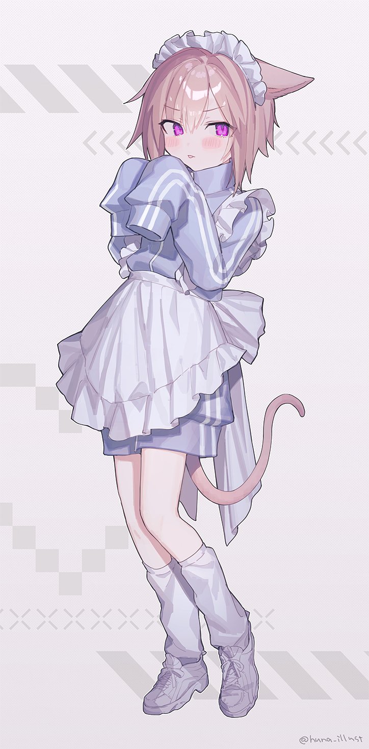 1girl :p animal_ears apron avatar_(ff14) blue_jacket cat_ears cat_girl cat_tail final_fantasy final_fantasy_xiv full_body funa_(sakana) highres jacket leg_warmers light_brown_hair long_sleeves looking_at_viewer maid maid_apron maid_headdress miqo'te shoes short_hair simple_background sleeves_past_fingers sleeves_past_wrists sneakers tail tongue tongue_out track_jacket twitter_username v-shaped_eyebrows violet_eyes white_apron white_background white_footwear white_leg_warmers