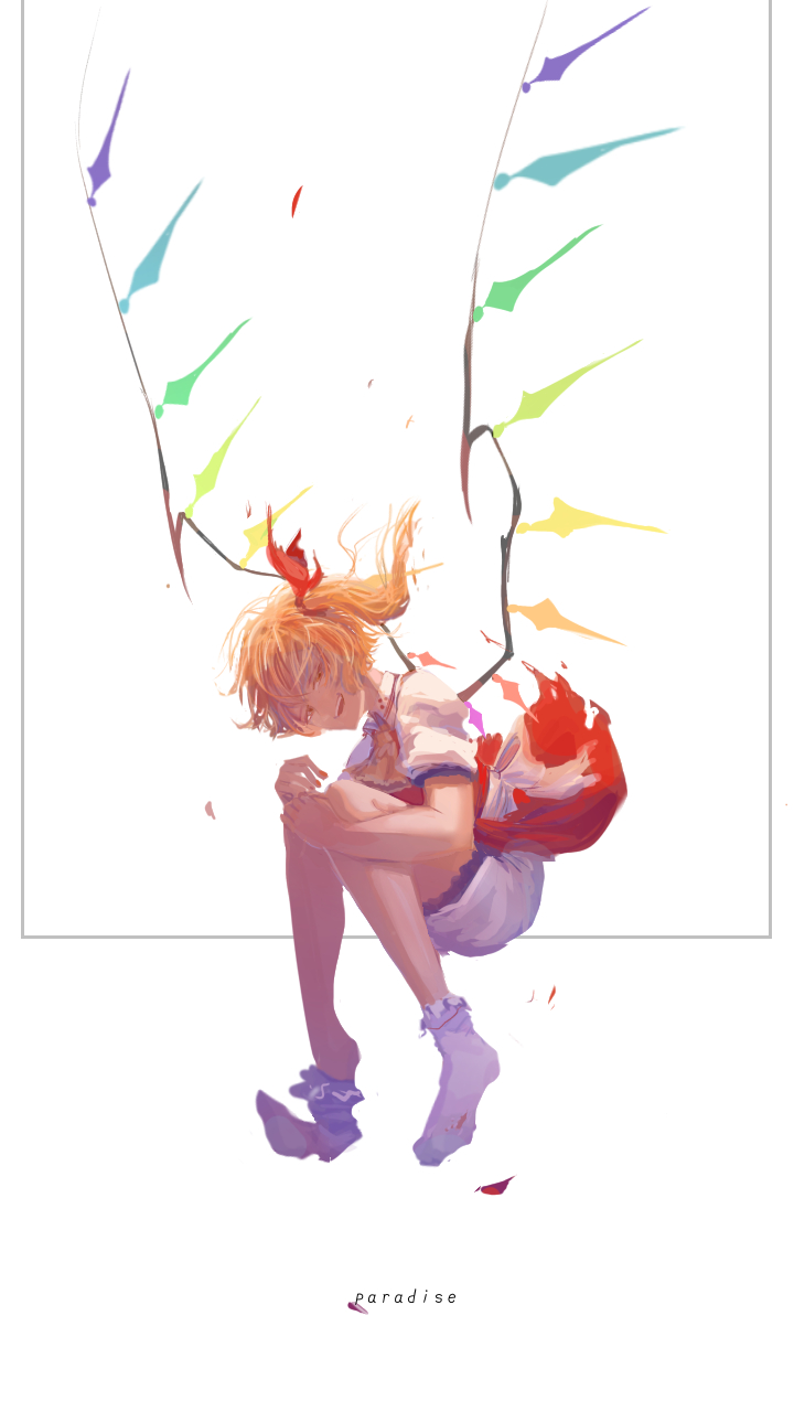 1girl ascot bangs blonde_hair bloomers collared_shirt crystal flandre_scarlet full_body hair_ribbon head_tilt highres howah18 hugging_own_legs looking_at_viewer medium_hair no_headwear no_shoes one_side_up open_mouth red_ribbon red_skirt red_vest removing_sock ribbon shirt skirt smile socks solo torn_clothes torn_skirt touhou underwear vest white_background white_bloomers white_shirt white_socks wings yellow_ascot yellow_eyes