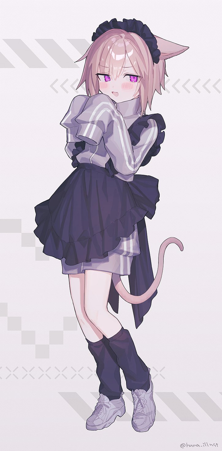 1girl :d animal_ears apron avatar_(ff14) black_apron black_leg_warmers cat_ears cat_girl cat_tail final_fantasy final_fantasy_xiv full_body funa_(sakana) grey_jacket highres jacket leg_warmers light_brown_hair long_sleeves looking_at_viewer maid maid_apron maid_headdress miqo'te shoes short_hair simple_background sleeves_past_fingers sleeves_past_wrists smile sneakers tail track_jacket twitter_username violet_eyes white_background white_footwear