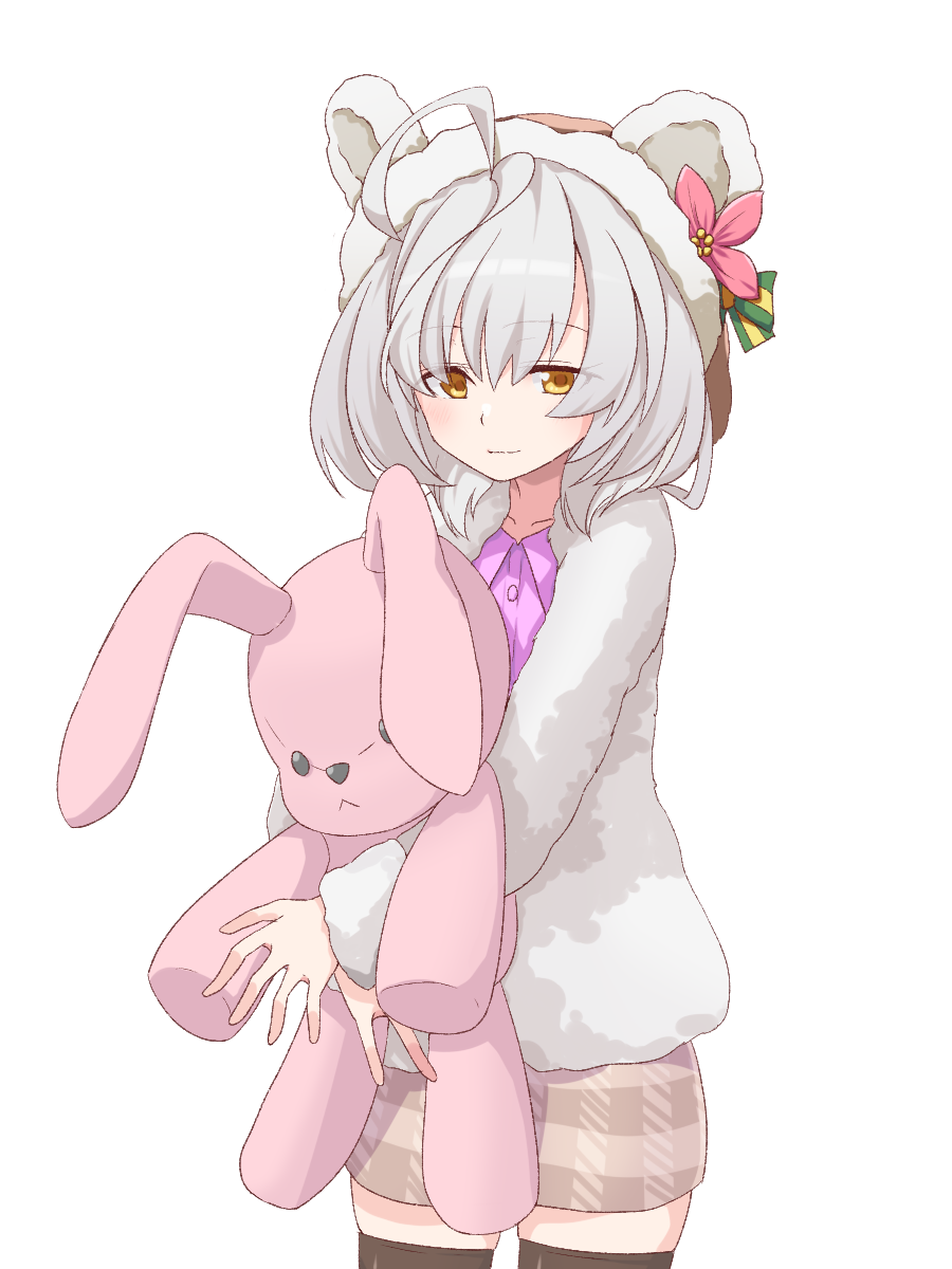 1girl ahoge animal_ears animal_hood assault_lily bangs black_thighhighs blush brown_skirt buttons closed_mouth collared_shirt commentary cowboy_shot doll_hug fake_animal_ears flower fur_jacket grey_hair grey_jacket gumoyu hair_between_eyes highres holding holding_stuffed_toy hood hood_up hooded_jacket jacket light_smile long_hair long_sleeves looking_at_viewer miniskirt multicolored_hair object_hug open_clothes open_jacket pink_flower plaid plaid_skirt purple_shirt sasaki_ran shirt simple_background skirt solo standing streaked_hair stuffed_animal stuffed_rabbit stuffed_toy thigh-highs v_arms white_background yellow_eyes zettai_ryouiki