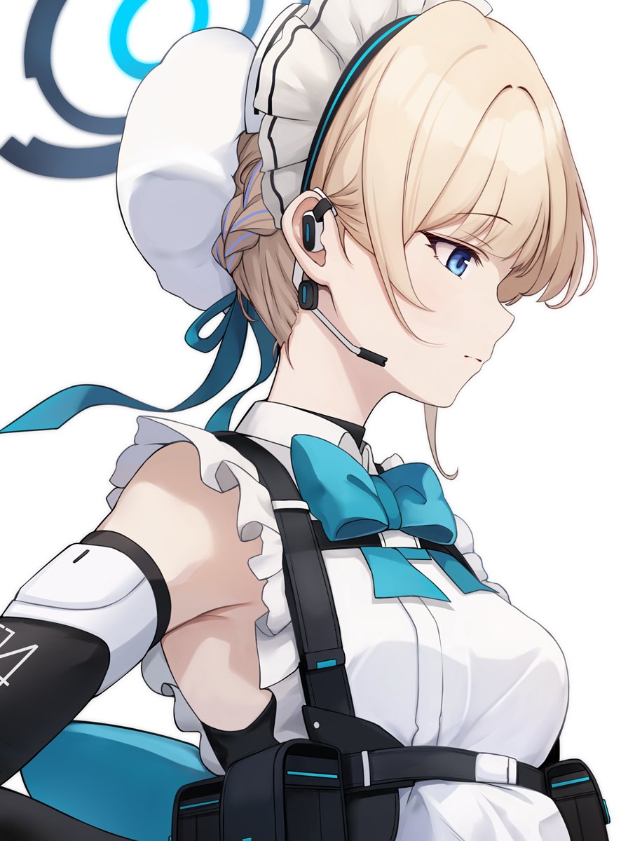 1girl apron belt_pouch black_gloves black_shirt blonde_hair blue_archive blue_bow blue_bowtie blue_eyes blue_hair bow bowtie braid breasts bun_cover chest_strap closed_mouth earpiece elbow_gloves expressionless frilled_apron frills from_side gloves halo highres light_blue_hair maid_headdress medium_breasts multicolored_hair myuu_(arisumeria) pouch profile shirt short_hair simple_background solo toki_(blue_archive) two-tone_hair underbust undershirt upper_body white_apron white_background wing_collar