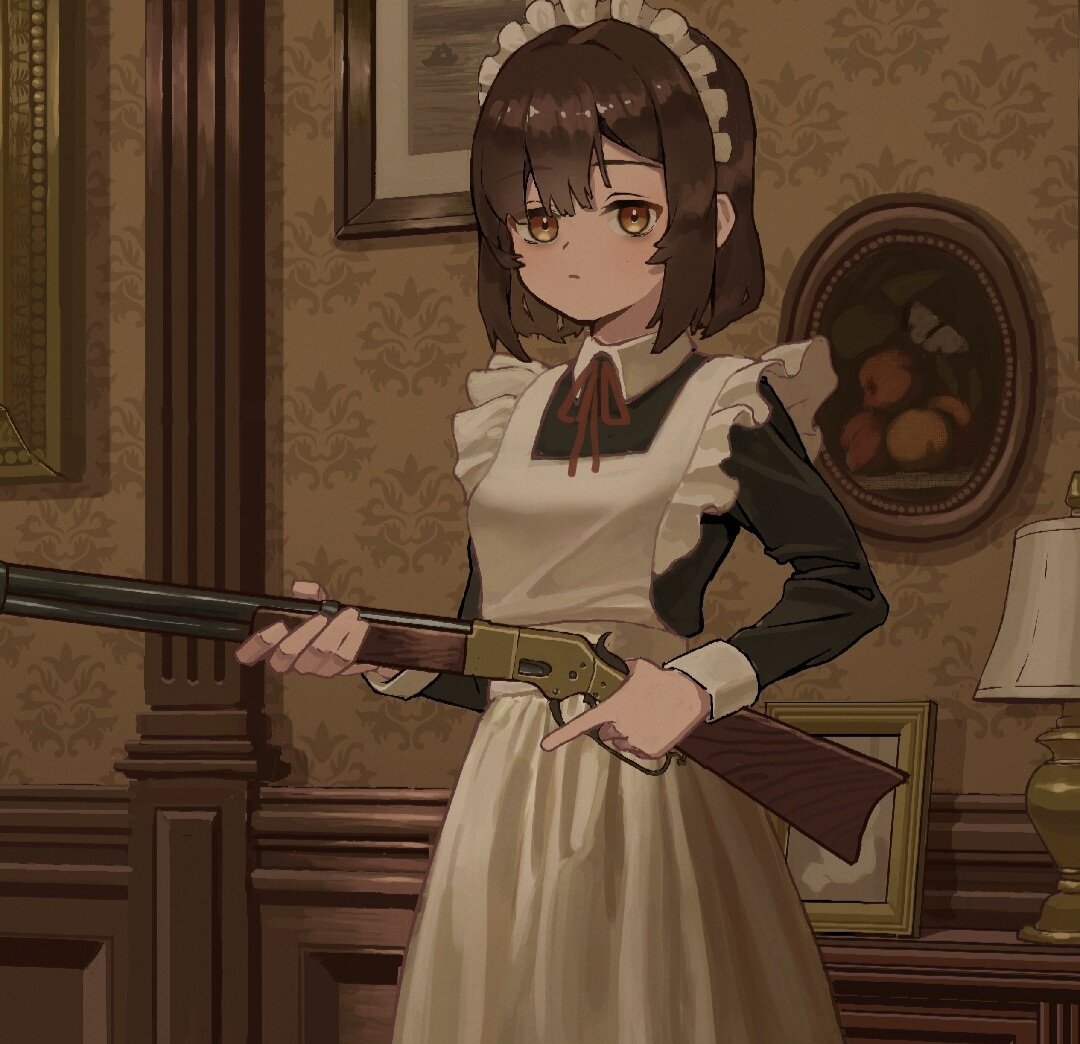 1girl apron brown_hair dress food fruit gun holding holding_gun holding_weapon lamp lever_action long_sleeves maid maid_apron maid_headdress nazrinrat original picture_(object) picture_frame rifle short_hair solo trigger_discipline weapon