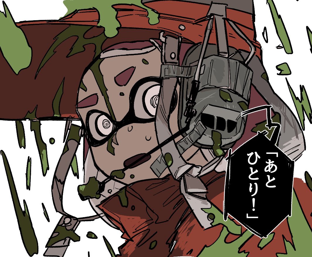1boy @_@ coat hat headset high_collar horrified ink ink_on_face inkling inkling_boy looking_at_viewer microphone open_mouth orange_coat out_of_frame redhead salmon_run_(splatoon) short_hair sideways_glance solo splatoon_(series) splatoon_3 sweat tentacle_hair thick_eyebrows translated white_background white_eyes wide-eyed yc157_ar