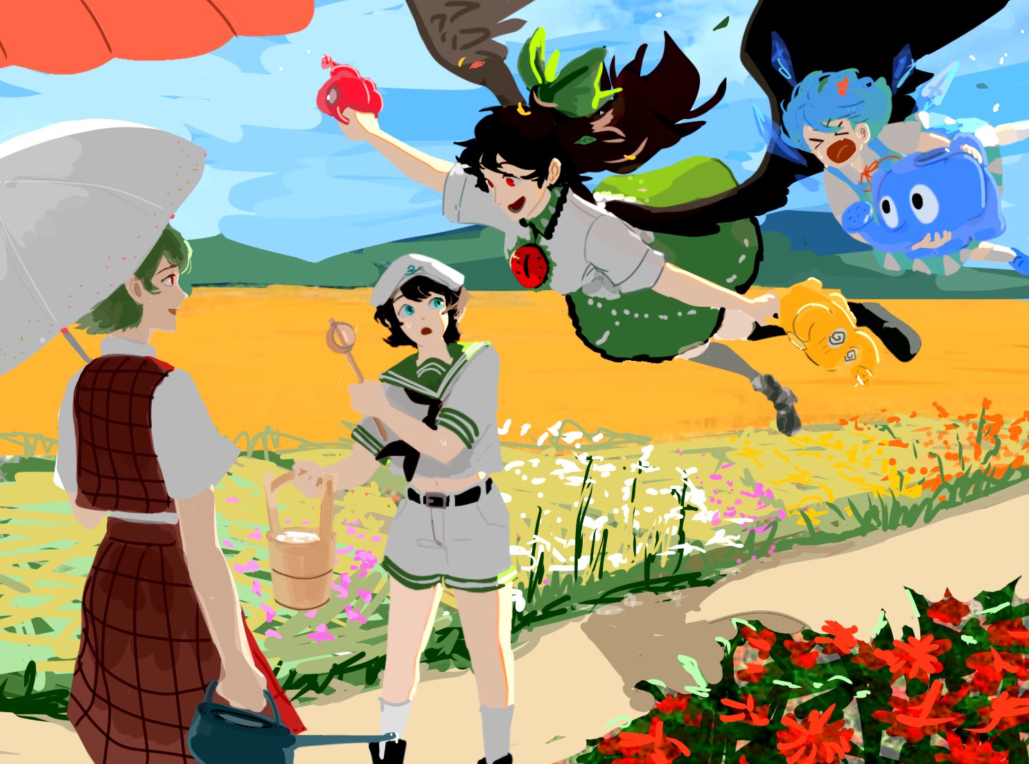 &gt;_&lt; 4girls anchor_symbol bangs belt bird_wings black_belt black_hair black_neckerchief black_wings blue_dress blue_eyes blue_hair blue_sky bow bucket cirno collared_shirt day dress field flower flower_field flying frilled_shirt_collar frilled_skirt frills green_bow green_hair green_skirt hair_bow hat hishaku holding holding_bucket holding_umbrella holding_watering_can howah18 ice ice_wings kazami_yuuka long_hair long_skirt mountain multiple_girls murasa_minamitsu neck_ribbon neckerchief outdoors parasol pinafore_dress plaid plaid_skirt plaid_vest red_eyes red_flower red_ribbon red_skirt red_vest reiuji_utsuho ribbon sailor_collar sailor_hat sailor_shirt shirt short_hair short_sleeves shorts skirt skirt_set sky third_eye touhou umbrella vest water watering_can white_shirt white_shorts white_umbrella wings wooden_bucket