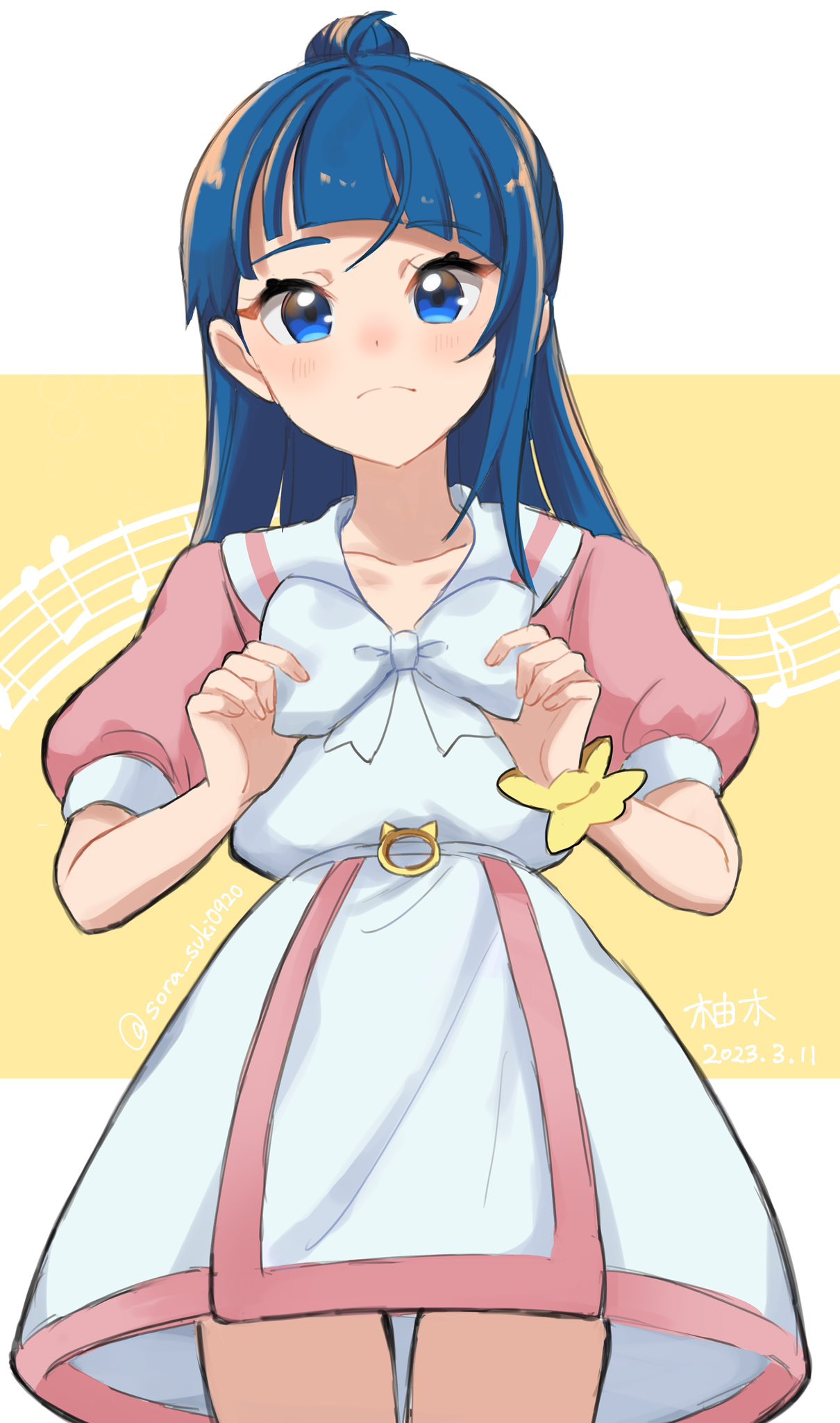 1girl bangs blue_eyes blue_hair blush borrowed_hairstyle bow bracelet commentary_request cosplay dress half_updo highres hirogaru_sky!_precure jewelry long_hair nijigaoka_mashiro nijigaoka_mashiro_(cosplay) precure puffy_short_sleeves puffy_sleeves sailor_collar short_sleeves solo sora_harewataru white_bow white_sailor_collar yumi_san0112