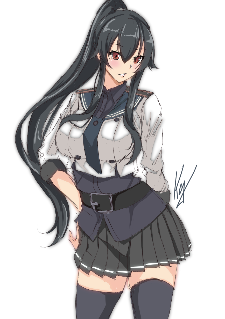 1girl black_hair black_necktie black_sailor_collar black_thighhighs commentary_request commission cowboy_shot highres kantai_collection kuga_zankurou long_hair necktie pleated_skirt ponytail red_eyes sailor_collar school_uniform scrunchie serafuku sidelocks simple_background skeb_commission skirt solo thigh-highs white_background yahagi_(kancolle) yahagi_kai_ni_(kancolle)