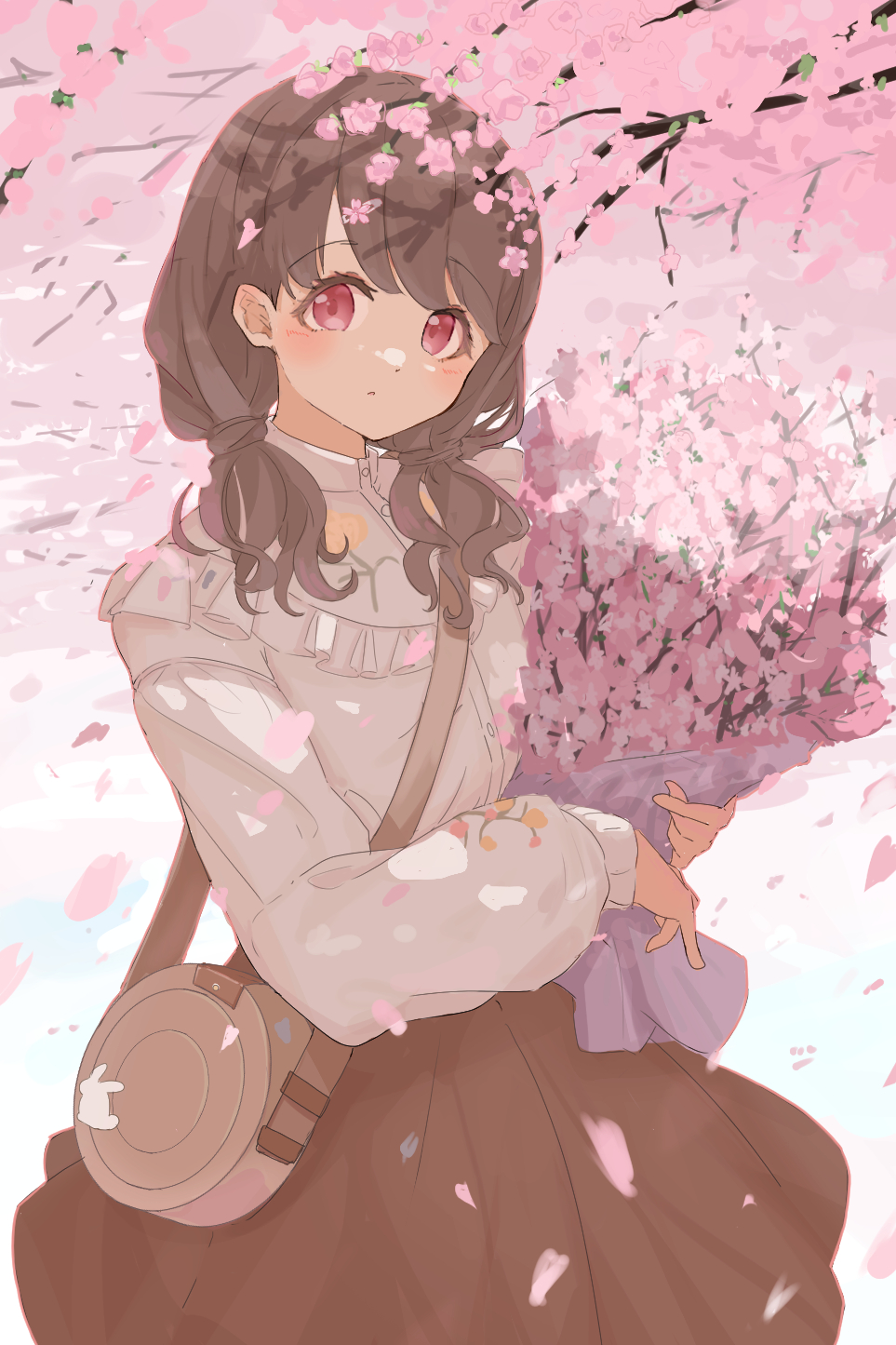 1girl bag bangs bouquet brown_hair brown_skirt cherry_blossoms commentary_request duplicate fukumaru_koito highres holding holding_bouquet idolmaster idolmaster_shiny_colors long_sleeves looking_at_viewer low_twintails petals pixel-perfect_duplicate raichita red_eyes shirt shoulder_bag skirt solo twintails white_shirt