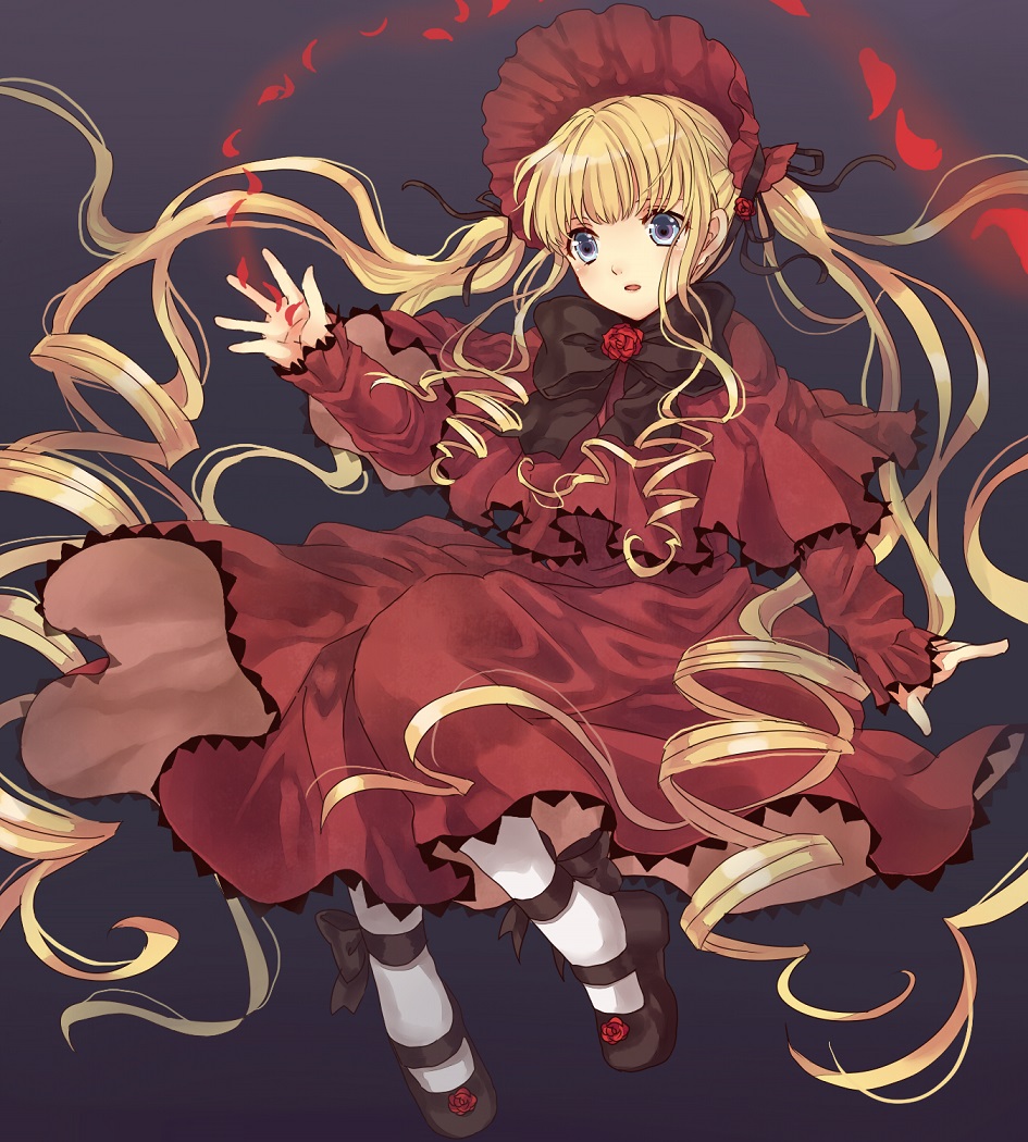 1girl black_bow black_footwear blonde_hair blue_eyes bonnet bow dress flower footwear_flower frilled_sleeves frills lolita_fashion long_hair long_sleeves mary_janes petals red_dress red_flower red_headwear red_rose rose rose_petals rozen_maiden shinku shion_(1994sionn) shoes socks solo twintails white_socks