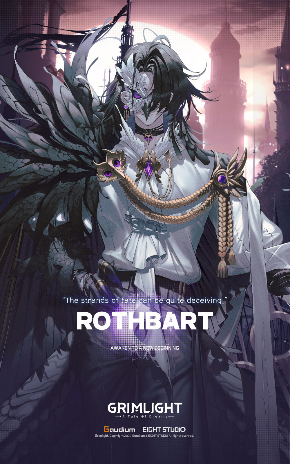 1boy asymmetrical_legwear bangs black_hair black_pants claws commentary domino_mask earrings english_commentary english_text grimlight hand_on_hip highres jewelry long_hair male_focus mask official_art pants rothbart_(grimlight) solo violet_eyes