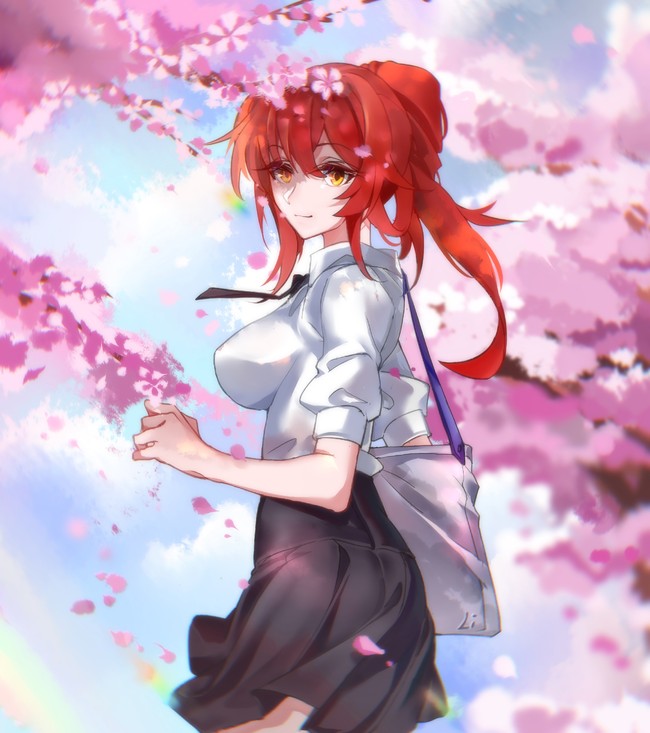 1girl back bag bangs black_bow black_bowtie black_skirt blue_sky bow bowtie breasts cherry_blossoms closed_mouth clouds cloudy_sky collared_shirt honkai_(series) honkai_impact_3rd large_breasts long_hair looking_at_viewer looking_back murata_himeko outdoors petals ponytail redhead school_uniform shirt short_sleeves shoulder_bag skirt sky smile solo white_shirt yellow_eyes zhuchengyuanjianzhen