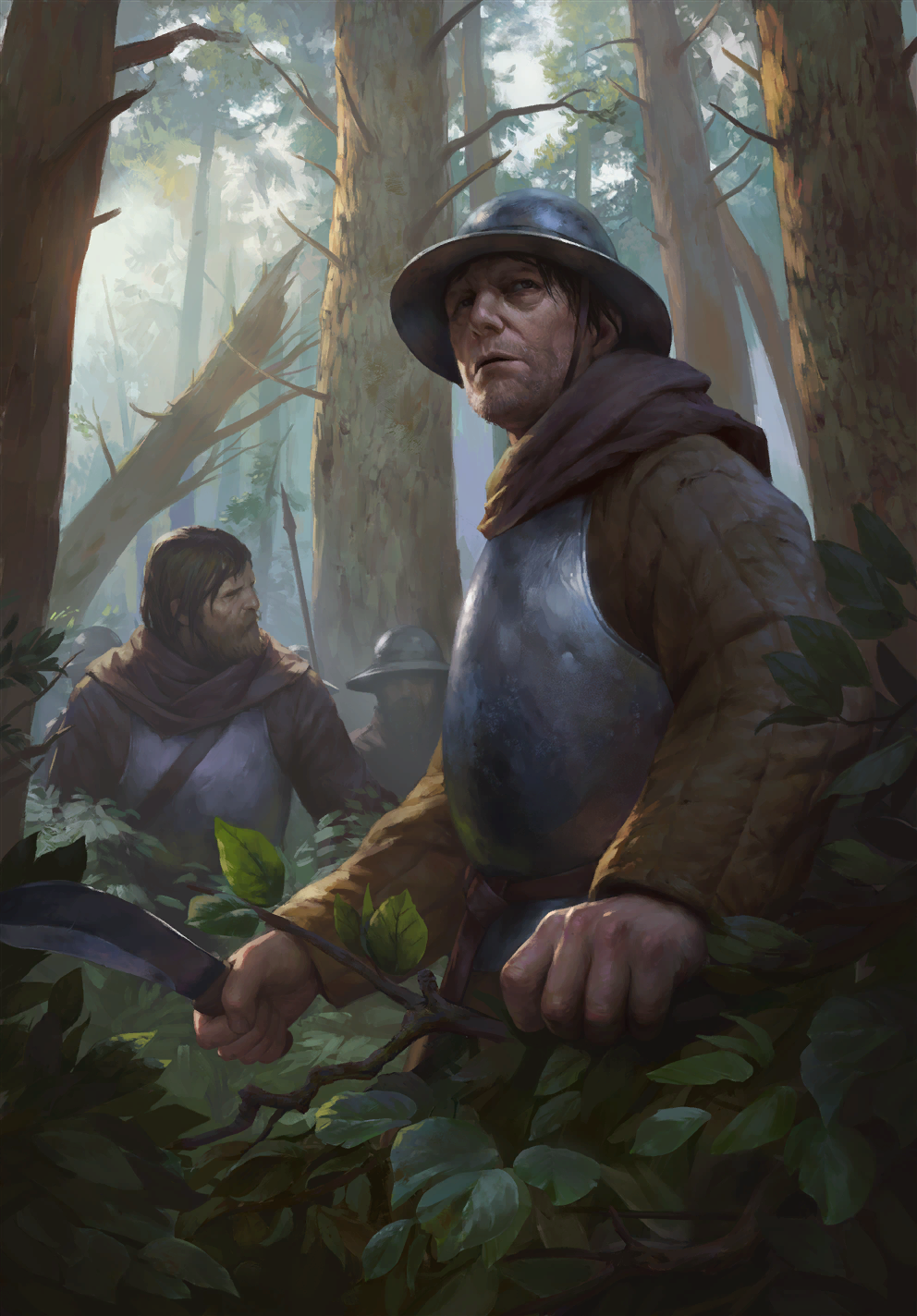 3boys armor brown_hair forest gambeson gwent_(game) helmet highres holding holding_knife holding_polearm holding_weapon kettle_helm knife leaf multiple_boys nature non-web_source outdoors plant polearm short_hair spear the_witcher_(series) tree weapon