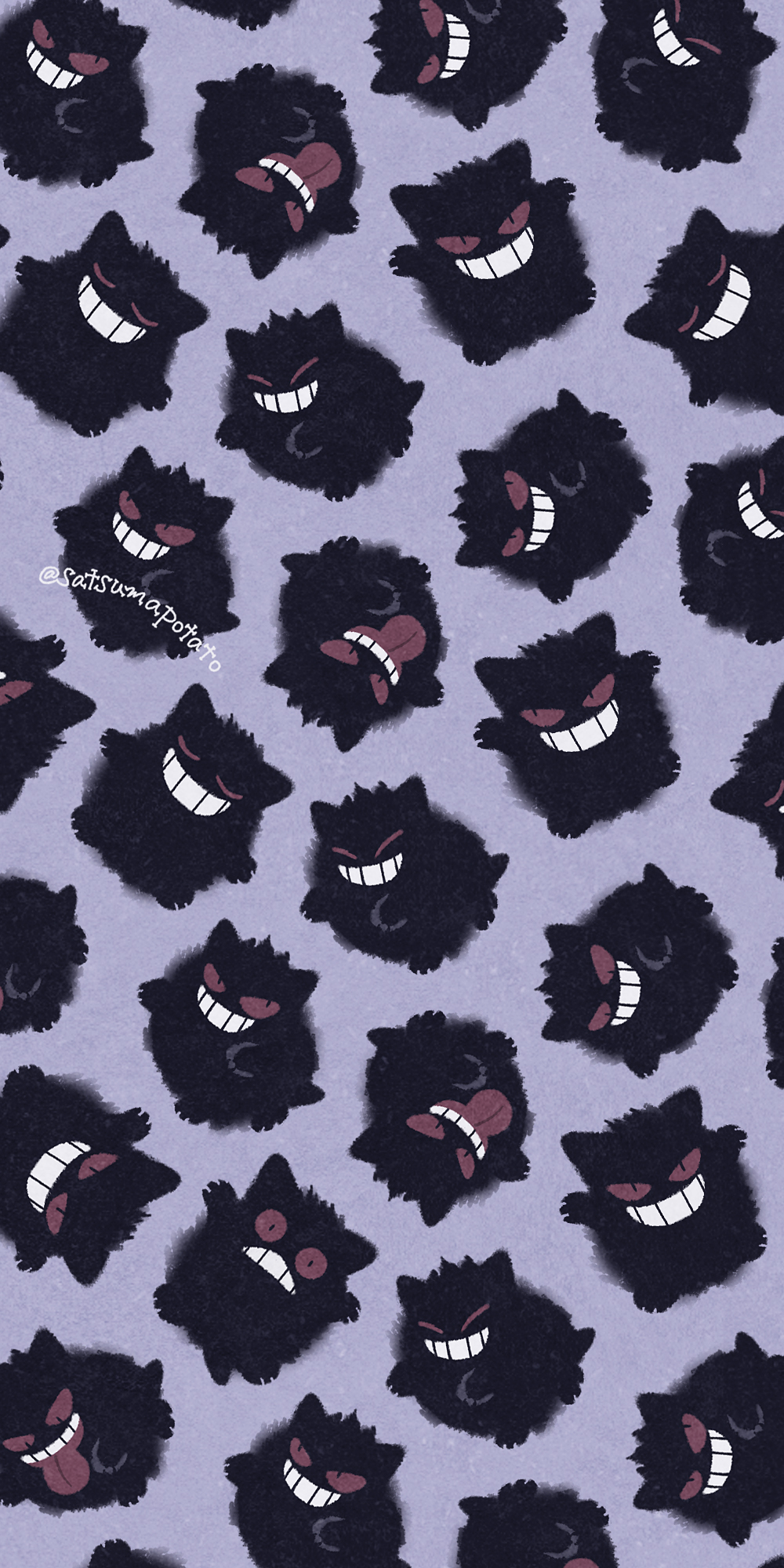 1other ambiguous_gender closed_eyes evil_grin evil_smile gengar grin happy highres lavender_background no_humans pokemon red_eyes satsumapotato signature simple_background smile surprised tongue tongue_out