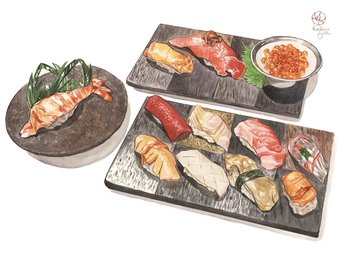 artist_name bowl food food_focus ikura_(food) kailene leaf mixed-language_commentary nigirizushi original plate shrimp simple_background still_life sushi white_background