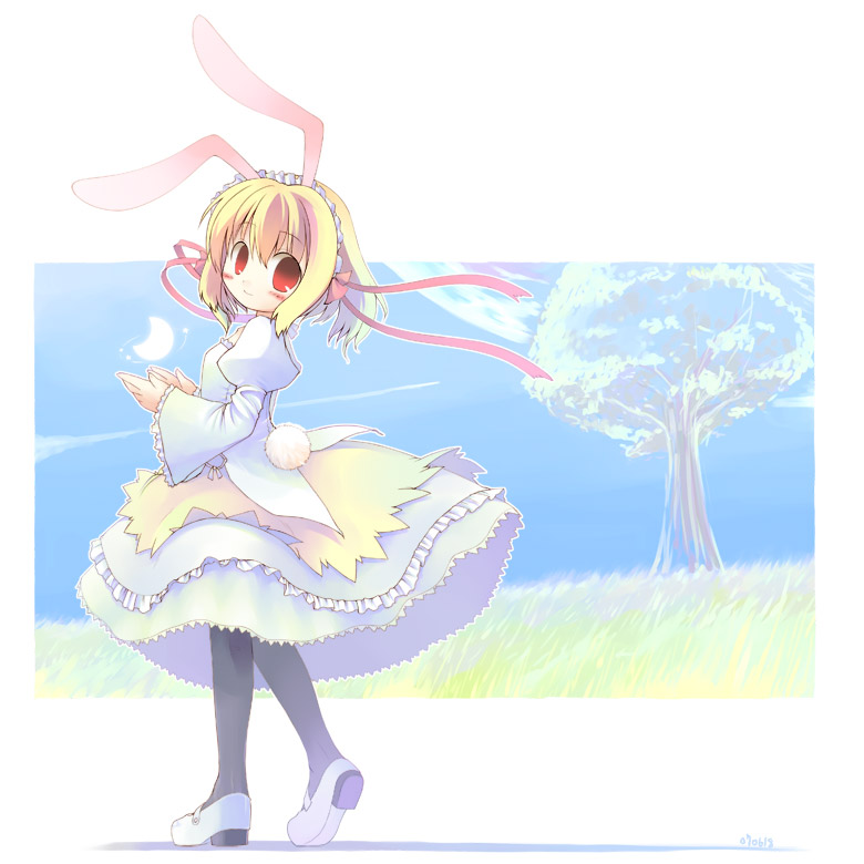 1girl animal_ears bangs black_pantyhose blonde_hair blush closed_mouth commentary_request crescent dated dress emurin full_body grass hair_between_eyes looking_at_viewer looking_to_the_side mary_janes medium_hair original pantyhose rabbit_ears rabbit_girl rabbit_tail red_eyes ribbon shoes sideways_glance smile solo tail tree white_dress white_footwear white_headdress wide_sleeves