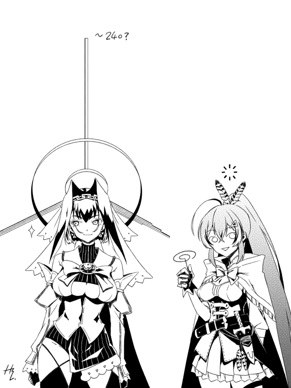 2girls ahoge breasts cape clothing_cutout commentary detached_sleeves feather_hair_ornament feathers greyscale hair_ornament halo hololive hololive_english holster knife knife_holster large_breasts limiter_(tsukumo_sana) long_hair medium_breasts medium_hair miniskirt monochrome multiple_girls nanashi_mumei ouro_kronii ponytail signature skirt sparkle symbol-only_commentary taka_t under_boob underboob_cutout veil very_long_hair