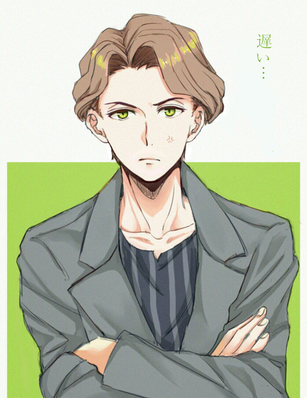 1boy andrew_hanbridge anger_vein annoyed brown_hair collarbone crossed_arms expressionless green_background green_eyes grey_jacket grey_shirt hair_intakes jacket lapels little_witch_academia male_focus notched_lapels rmy-nh shirt simple_background solo striped striped_shirt vertical-striped_shirt vertical_stripes white_background