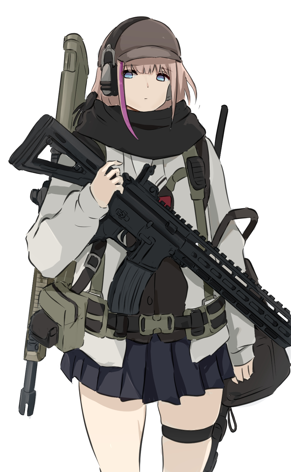 1girl ar-15 bangs baseball_cap black_scarf black_shirt black_skirt blue_eyes brown_hair brown_headwear closed_mouth commentary_request ear_protection girls_frontline gun hand_up hat highres jacket long_sleeves looking_at_viewer multicolored_hair mutugorou_u open_clothes open_jacket pink_hair pleated_skirt puffy_long_sleeves puffy_sleeves rifle scarf shirt simple_background skindentation skirt sleeves_past_wrists solo st_ar-15_(girls'_frontline) standing streaked_hair thigh_strap weapon weapon_request white_background white_jacket