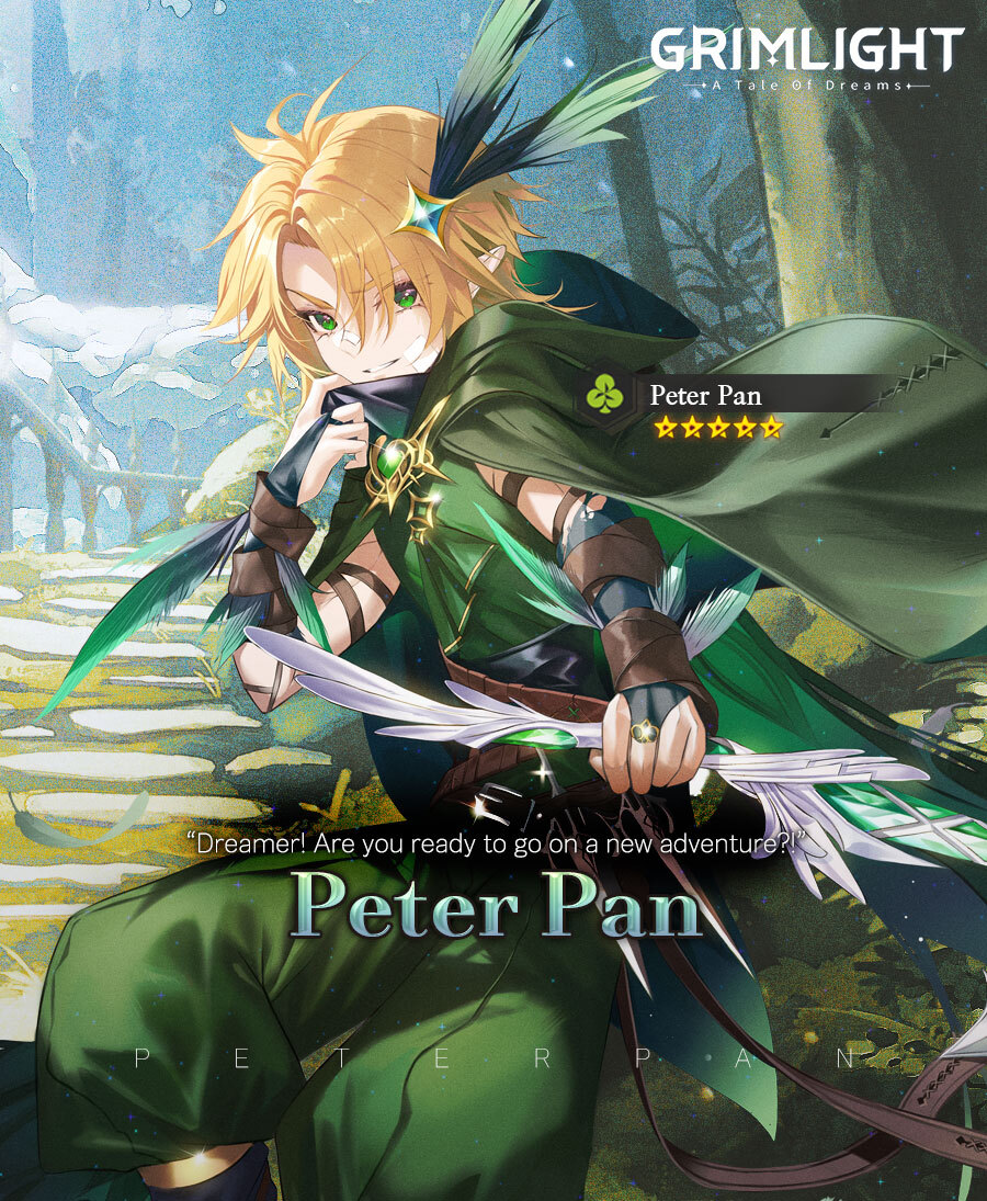 1boy bangs blonde_hair bow_(weapon) cape commentary english_commentary green_cape green_eyes green_pants grimlight grin male_focus official_art pants peter_pan_(grimlight) pointy_ears sitting smile solo weapon