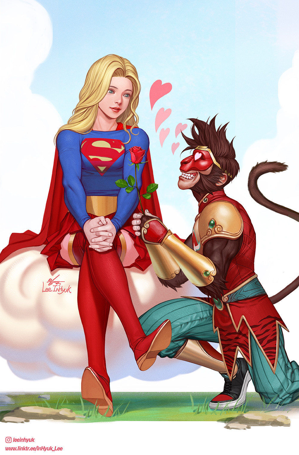 1boy 1girl blonde_hair blue_eyes blue_shirt brown_hair cape crossed_legs dc_comics flower heart highres in-hyuk_lee long_hair medium_hair monkey_boy monkey_prince_(dc) monkey_tail one_knee red_cape red_flower red_rose red_thighhighs rose shirt signature supergirl tail thigh-highs vambraces web_address