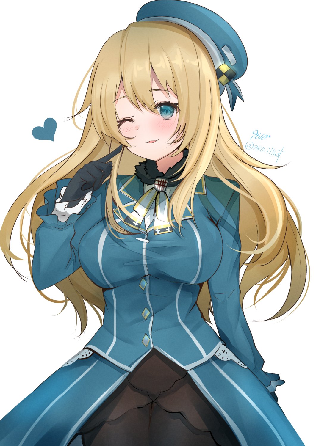 1girl ascot atago_(kancolle) beret black_gloves black_pantyhose blonde_hair blue_headwear blush breasts eiji_(monochromexd) fur_collar gloves green_eyes hat heart highres jacket kantai_collection large_breasts light_smile long_hair long_sleeves looking_at_viewer military military_uniform one_eye_closed open_mouth pantyhose signature simple_background skirt smile twitter_username uniform white_background