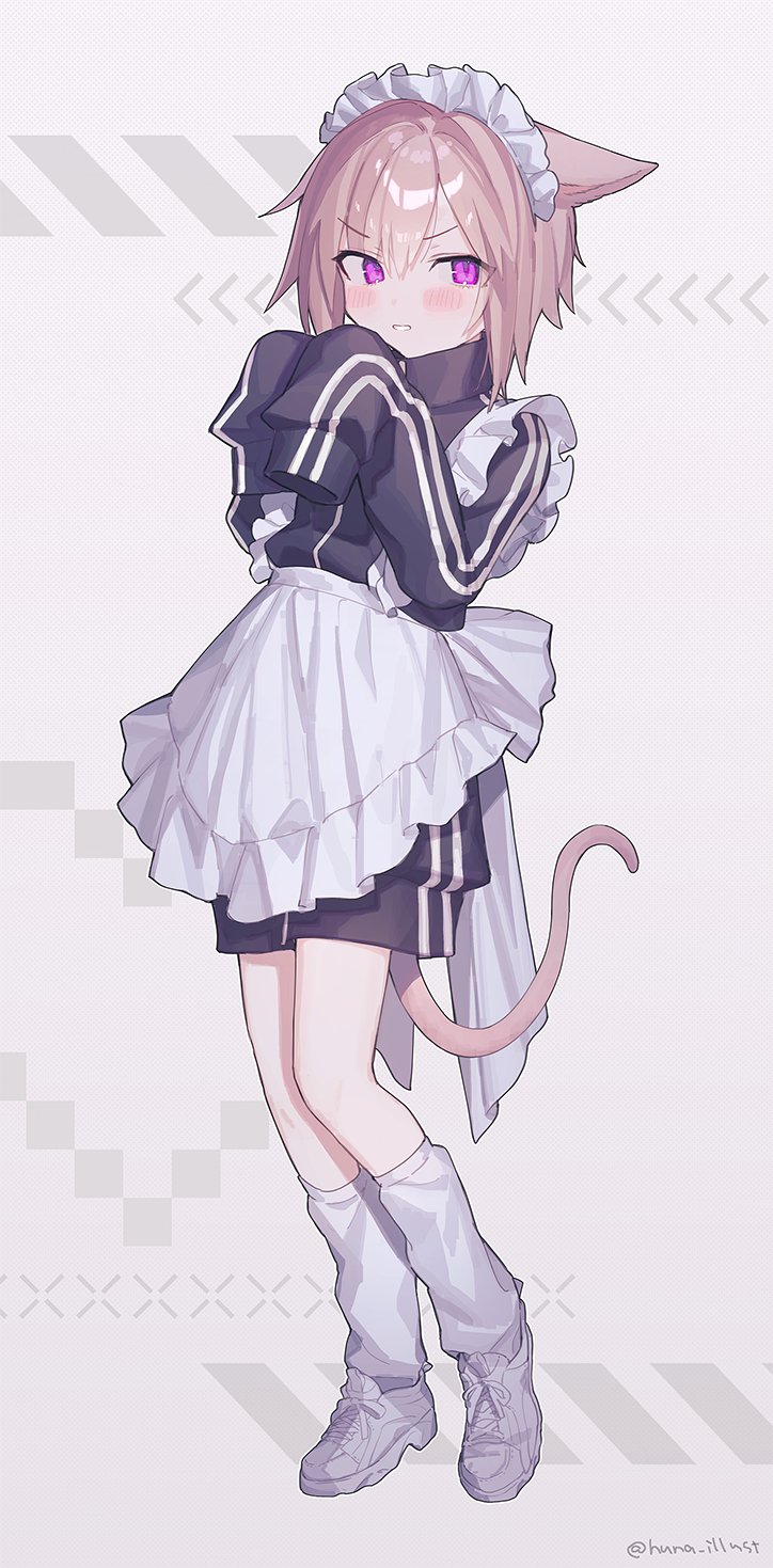 1girl animal_ears apron avatar_(ff14) black_jacket cat_ears cat_girl cat_tail final_fantasy final_fantasy_xiv full_body funa_(sakana) grin highres jacket leg_warmers light_brown_hair long_sleeves looking_at_viewer maid maid_apron maid_headdress miqo'te shoes short_hair simple_background sleeves_past_fingers sleeves_past_wrists smile sneakers tail track_jacket twitter_username v-shaped_eyebrows violet_eyes white_apron white_background white_footwear white_leg_warmers