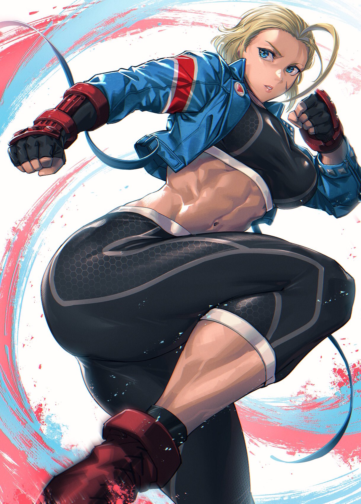 1girl abs armored_gloves black_pants blonde_hair blue_eyes blue_jacket cammy_white cropped_jacket fingerless_gloves gloves highres jacket midriff mikel_(4hands) pants red_footwear short_hair solo sports_bra street_fighter street_fighter_6