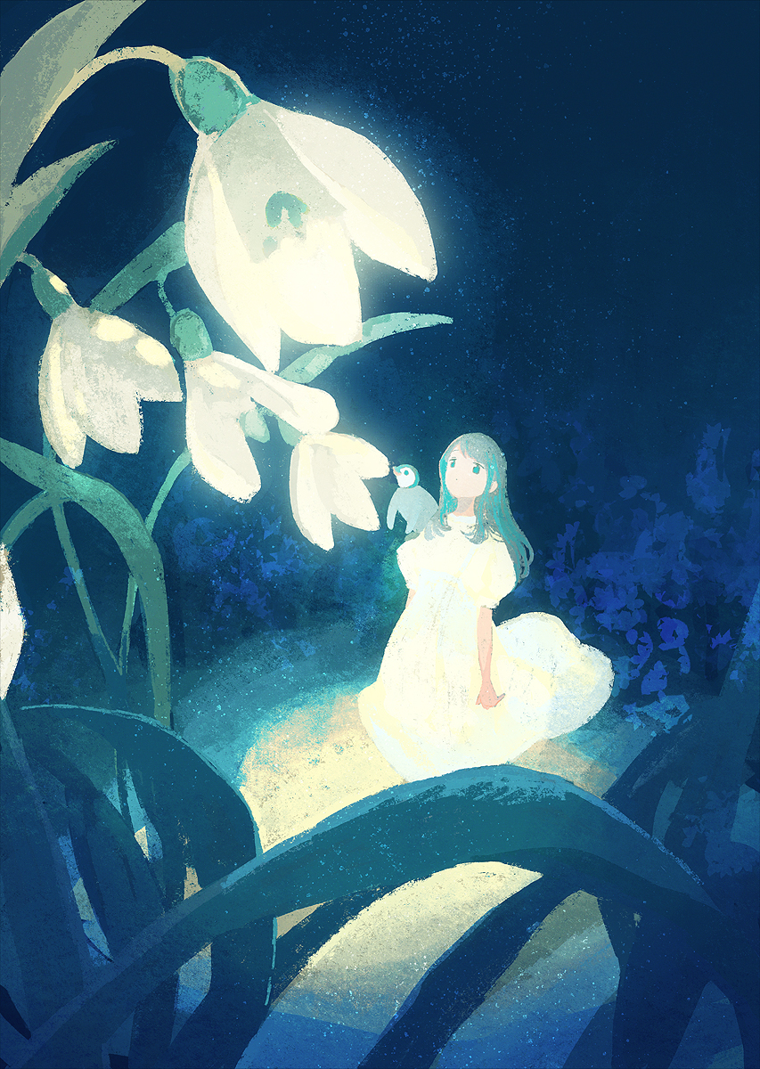 1girl animal animal_on_shoulder bird bird_on_shoulder dress flower highres long_hair night night_sky original outdoors oversized_flower penguin scenery sky star_(sky) tabi_(tabisumika)