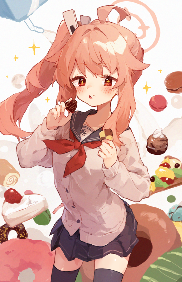 +_+ 1girl ahoge blue_archive blue_sailor_collar blue_skirt blue_thighhighs blush cake cake_slice cardigan checkerboard_cookie cookie cowboy_shot dessert doughnut food food-themed_background halo holding holding_cookie holding_food long_sleeves looking_at_viewer macaron natsu_(blue_archive) neckerchief parted_lips pink_hair red_eyes red_neckerchief rimukoro sailor_collar side_ponytail skirt solo swiss_roll thigh-highs triangle_mouth white_cardigan