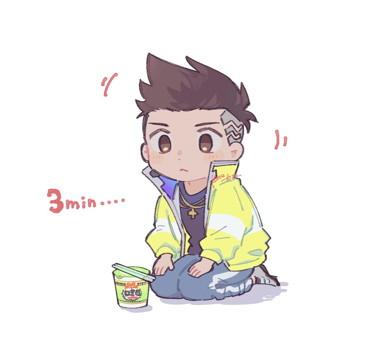 1boy black_shirt blue_pants brown_eyes brown_hair chibi chopsticks closed_mouth cup_noodle cyberpunk_(series) cyberpunk_edgerunners david_martinez highres jacket jewelry kome_1022 long_sleeves male_focus mohawk necklace open_clothes open_jacket pants ramen shirt signature simple_background sitting solo yellow_jacket