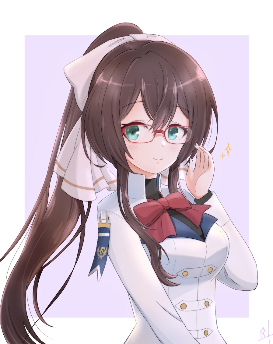 1girl aqua_eyes artist_name assault_lily bespectacled black_shirt border bow bowtie breasts brown_bow brown_hair buttons closed_mouth commentary_request glasses hair_between_eyes hair_bow hand_up herensuge_girls_academy_school_uniform high_ponytail inoguchi_minto jacket light_blush long_hair long_sleeves looking_at_viewer medium_breasts outside_border ponytail purple_background red-framed_eyewear red_bow red_bowtie school_uniform serizawa_chikaru shirt sidelocks signature simple_background smile solo sparkle upper_body very_long_hair white_border white_jacket