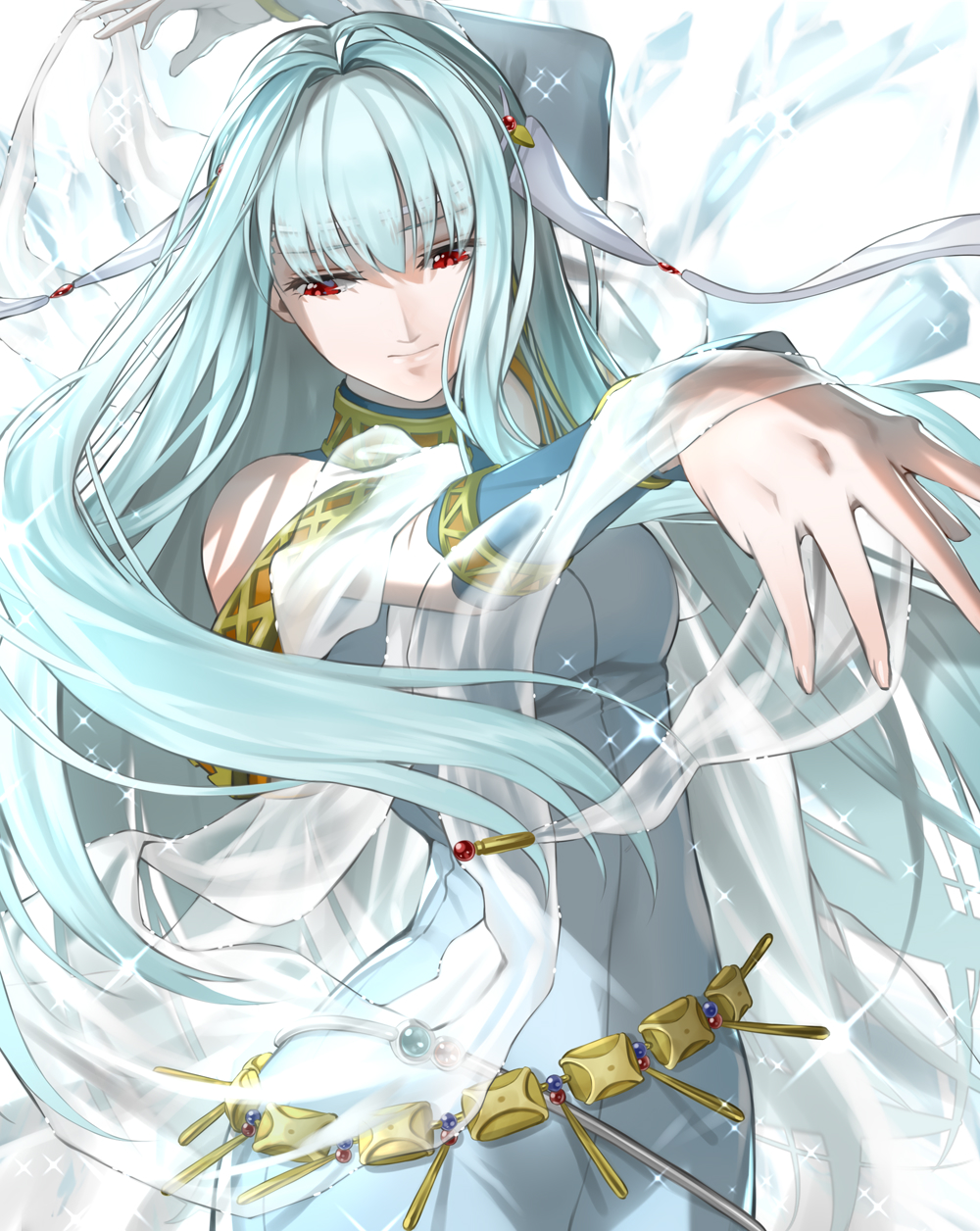 1girl aqua_dress aqua_hair aqua_sleeves arm_up asymmetrical_sleeves bangs bare_shoulders blue_sleeves breasts closed_mouth dancing delsaber detached_sleeves dress fire_emblem fire_emblem:_the_blazing_blade hair_ornament high_collar highres jewelry long_hair looking_down mismatched_sleeves ninian_(fire_emblem) open_hands red_eyes sleeveless sleeveless_dress small_breasts solo sparkle water