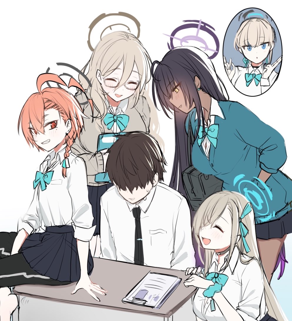 1boy 5girls ahoge akane_(blue_archive) asuna_(blue_archive) bag bangs black_choker black_hair blonde_hair blue_archive blue_skirt bow bowtie braid breasts choker clipboard closed_eyes dark-skinned_female dark_skin desk emirio_(emirio110) gradient_hair hair_between_eyes hair_over_eyes hair_ribbon halo hand_in_pocket huge_ahoge karin_(blue_archive) large_breasts long_hair long_sleeves multicolored_hair multiple_girls necktie neru_(blue_archive) open_mouth orange_hair pleated_skirt purple_hair ribbon sensei_(blue_archive) shirt side_braid simple_background sitting sketch skirt toki_(blue_archive) v very_long_hair white_background white_shirt