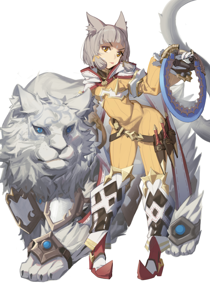 1girl animal_ears armored_boots bangs belt blunt_bangs bob_cut boots cat_ears cat_girl chakram dagger dromarch_(xenoblade) full_body grey_hair highres holding holding_weapon jumpsuit knife lion long_sleeves looking_at_viewer newflame nia_(xenoblade) sheath sheathed short_hair simple_background solo standing tongue tongue_out v-shaped_eyebrows weapon white_background white_hood xenoblade_chronicles_(series) xenoblade_chronicles_2 yellow_eyes yellow_jumpsuit