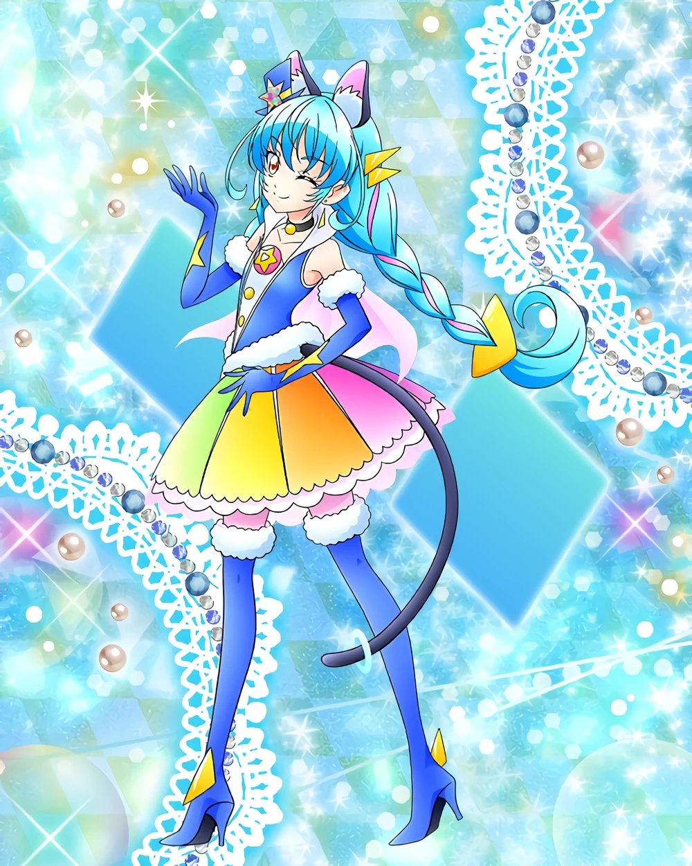 1girl animal_ears black_choker blue_footwear blue_gloves blue_hair boots braid cat_ears cat_tail choker cure_cosmo fur-trimmed_gloves fur_trim gloves highres magical_girl multicolored_clothes multicolored_skirt official_art one_eye_closed precure precure_connection_puzzlun rainbow_skirt skirt smile solo star_twinkle_precure tail tail_ornament tail_ring thigh_boots third-party_source twin_braids yellow_eyes yuni_(precure)