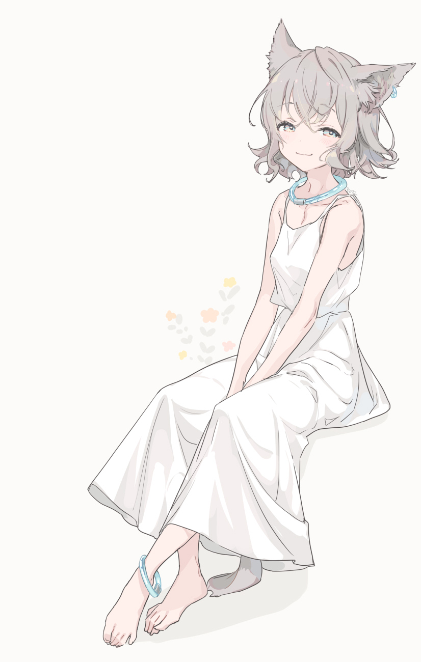 1girl animal_ear_fluff animal_ears anklet bare_shoulders barefoot between_legs blue_eyes blush breasts cat_ears cat_girl cat_tail commentary_request dress earrings full_body grey_hair hand_between_legs highres jewelry kinutani_yutaka looking_at_viewer necklace original short_hair sitting sleeveless sleeveless_dress small_breasts smile solo spaghetti_strap tail toes wavy_hair white_background white_dress