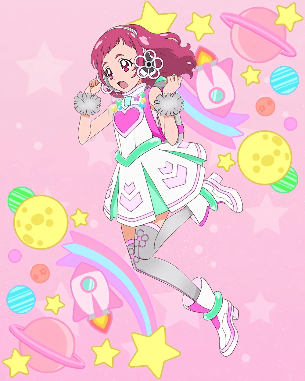 1girl dress full_body grey_thighhighs headset highres hugtto!_precure nono_hana official_art open_mouth pink_eyes pink_hair precure precure_connection_puzzlun short_bangs sleeveless sleeveless_dress solo thigh-highs third-party_source white_dress white_footwear