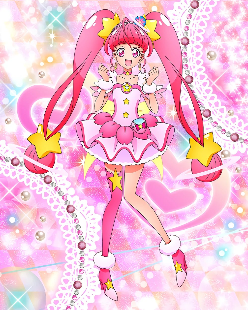 1girl ahoge choker clenched_hands cure_star dress earrings full_body highres hoshina_hikaru jewelry magical_girl official_art open_mouth pink_choker pink_dress pink_eyes pink_footwear pink_hair pink_thighhighs planet_hair_ornament precure precure_connection_puzzlun single_thighhigh smile solo star_(symbol) star_choker star_twinkle_precure thigh-highs third-party_source twintails
