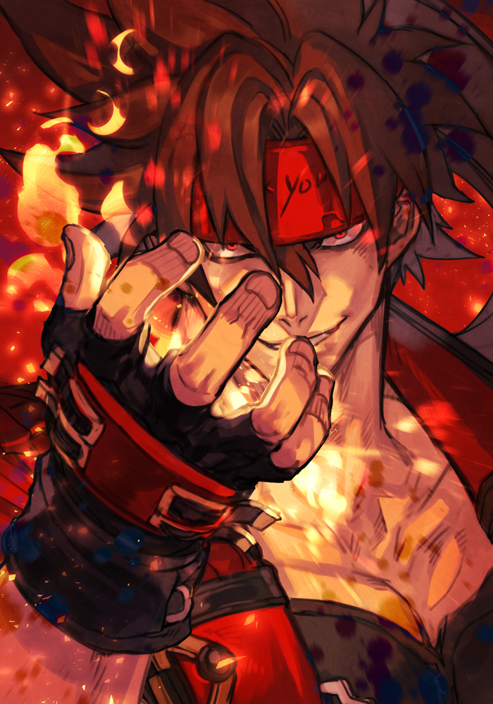 1boy black_gloves brown_hair collarbone english_text fingerless_gloves fire flame gloves grin guilty_gear guilty_gear_strive hair_between_eyes hankuri long_hair looking_at_viewer male_focus outstretched_arm ponytail red_background red_eyes simple_background smile sol_badguy solo upper_body