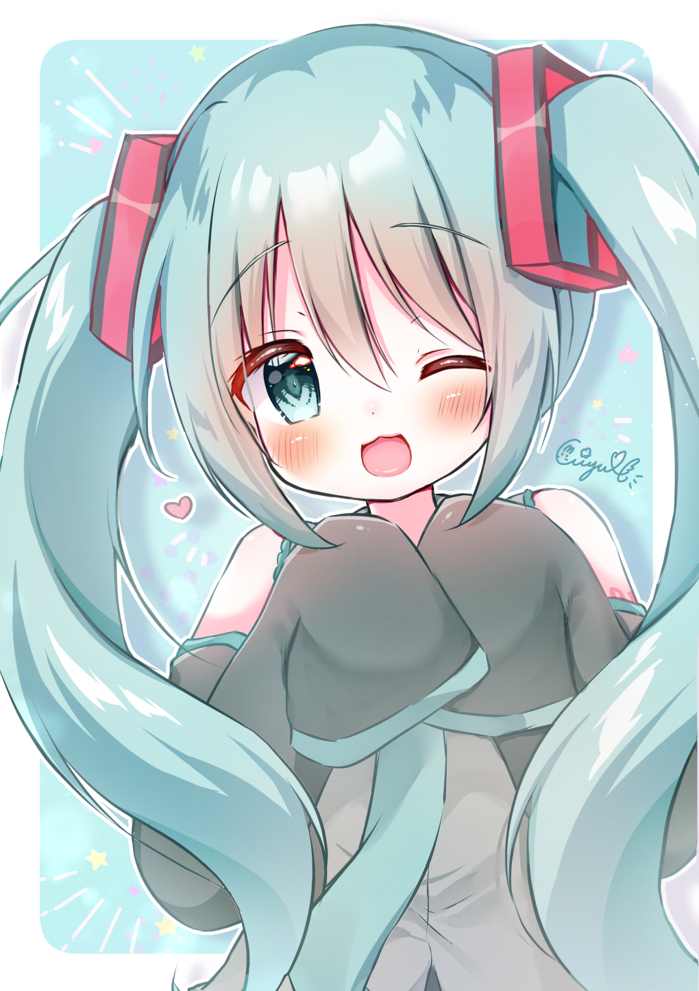 1girl :3 bangs blue_eyes blue_hair blush detached_sleeves hair_ornament hanasakichu hatsune_miku heart highres long_hair long_sleeves looking_at_viewer miku_day necktie one_eye_closed open_mouth shirt sleeveless sleeveless_shirt sleeves_past_fingers sleeves_past_wrists smile solo twintails vocaloid
