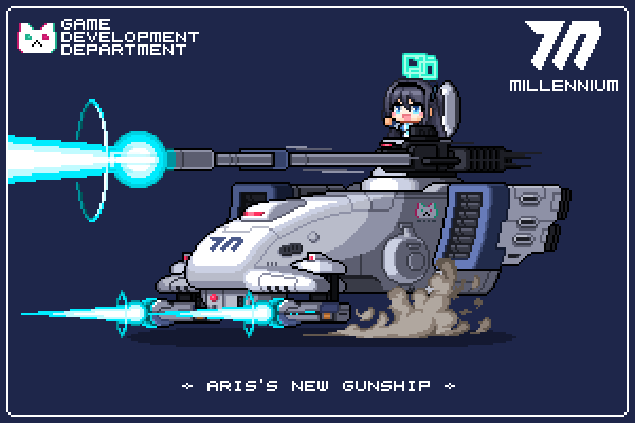 1girl animal_print aris_(blue_archive) blue_archive blue_background cat_print character_name chibi english_text firing floating gunship halo pixel_art railgun redforge solo t'au vtol warhammer_40k