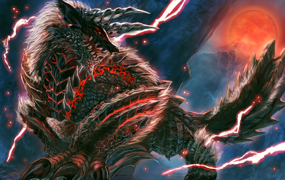 animal_ears bearluxe body_fur claws colored_sclera electricity horns monster_hunter:_world monster_hunter_(series) moon no_humans red_moon scales scenery sharp_teeth stygian_zinogre tail teeth wolf zinogre