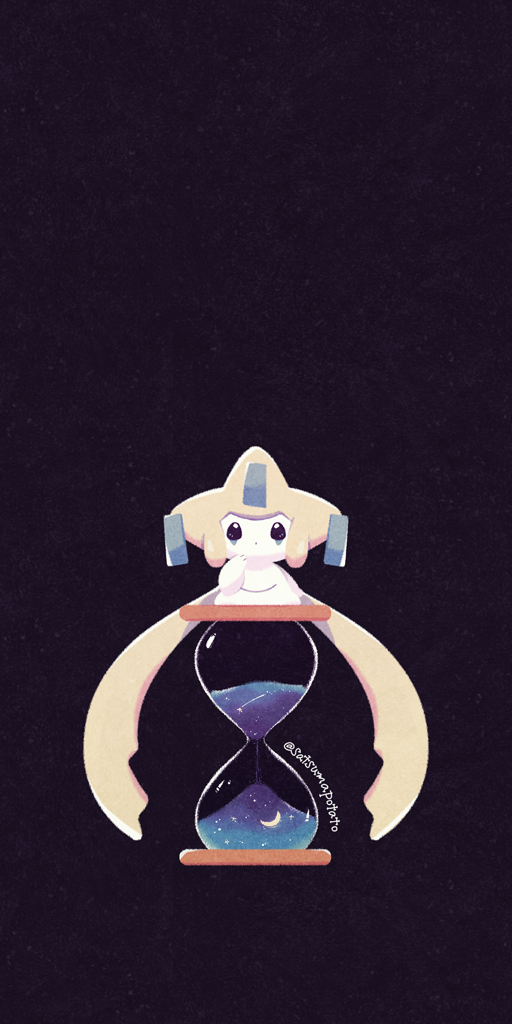 1other :o ambiguous_gender black_eyes crescent_moon highres hourglass jirachi moon no_humans pokemon purple_background sand satsumapotato shooting_star signature simple_background star_(sky)